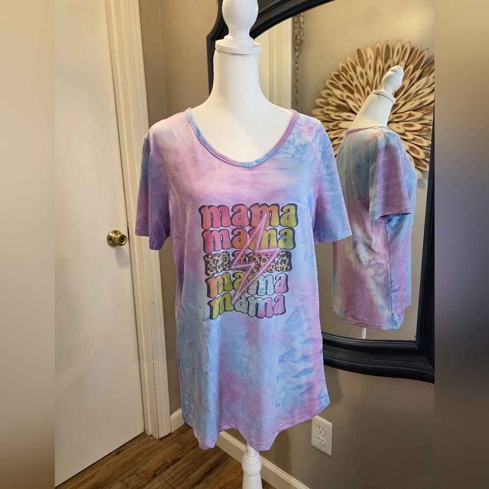 Pastel Tie-Dye "Mama" Short Sleeve Tee - Pink & Blue V-neck Leopard Graphic Tee